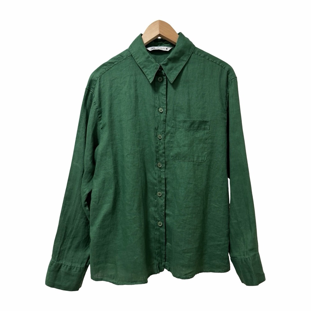 ZARA Womens 100% Linen Button Up Shirt Size M Green Coastal Boho Beach Resort